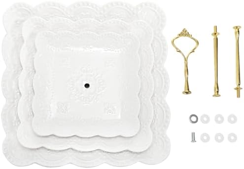 Tebery 2 Pack 3-Tier White Ceramic Embossed Dessert Cake Tower Stand