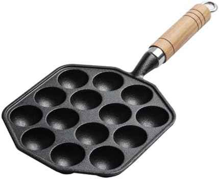 Cast Iron Takoyaki Grill Pan 14 Hole – Uncoated 6.7 Inch Octopus Ball Maker with Wooden Handle for Gas Stovetop, Induction cookers