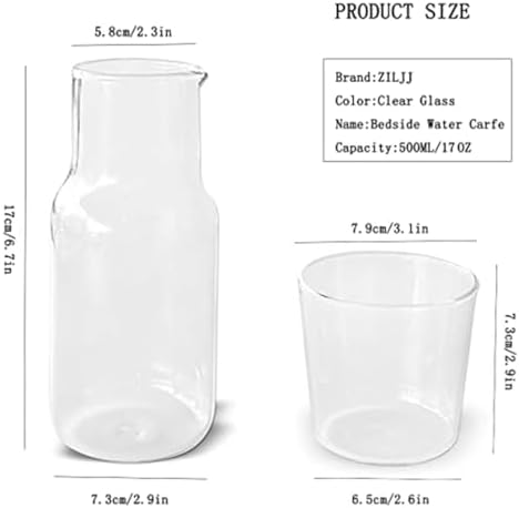 ZILJJ 17 oz/500ml Bedside Water Carafe and Glass Set with Cup, Clear