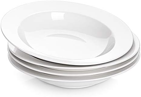 DOWAN Soup and Pasta Bowls Set of 4, White Porcelain Wide Rim Salad