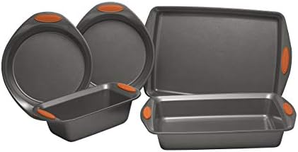 Rachael Ray 55673 Nonstick Bakeware Set with Grips includes Nonstick Bread Pan, Baking Pans and Cake Pans - 5 Piece, Gray with Orange Grips