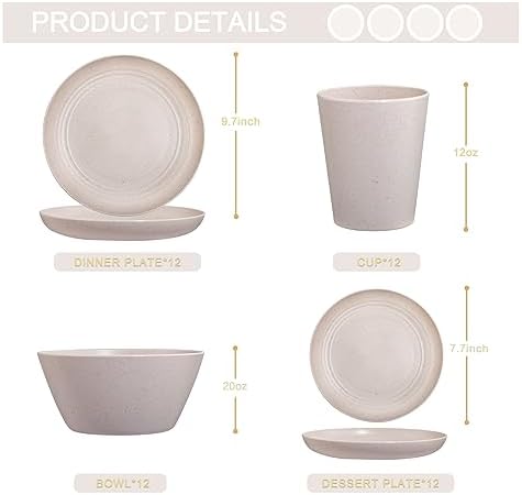 LIYH Beige 48 Pcs Unbreakable Wheat Straw Dinnerware Sets Kids RV BPA