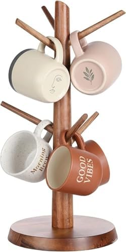Coffee Mug Tree 6-Hook,Acacia Wood Mug Holder Countertop