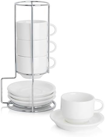 Sweese 2.5 Ounce Porcelain Stackable Espresso Cups with Saucers and