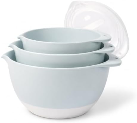 3 Pale Blue Plastic Mixing Bowl Set With Lids, Pour Spouts, TPR