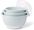 3 Pale Blue Plastic Mixing Bowl Set With Lids, Pour Spouts, TPR