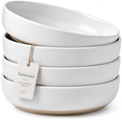 Gencywe 8.3" Pasta Bowls Set of 4, 34 oz Ceramic Salad Bowls, White