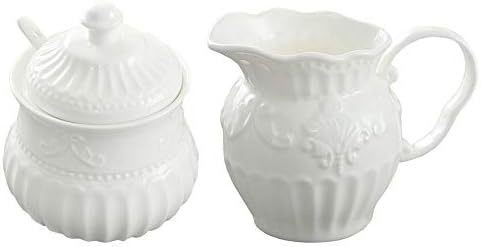 FUYU Relief White Ceramic Creamer and Sugar Bowl Set Coffee Serving