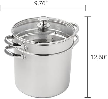 4-Piece Stainless Steel Multi-Cooker Set, 8 qt, with Glass Lid, Stock Pot, Colander, and Steamer Basket