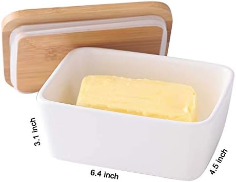 Large Ceramic Butter Dish with Lid and Natural Oak Wood Cover for