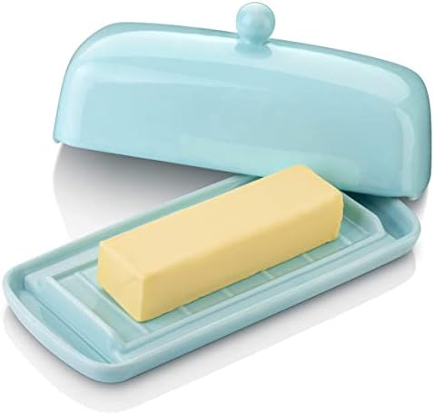 Ceramic Butter Dish with Lid for Countertop, Non-Slip Strip, Lake Blue