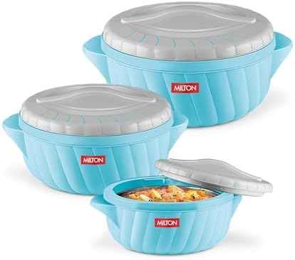 Milton Flora Regular Set Insulated Inner Steel Casserole for Roti 3Pc (750ml 1.25L & 2.1L) Hot Box for Kitchen, Hot Pot with Lid, Chapati Box, Roti Casserole, Serving Boxes, Hotcase, Cyan Blue