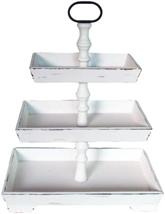 3 Tier Rectangle Serving Stand, Rustic Farmhouse,Metal Handle,White