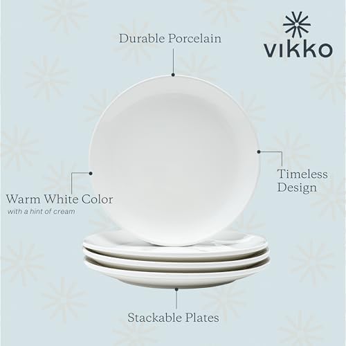 Vikko Dinner Plate, Set of 6 White Plates, 9 Inch Ceramic Dinner