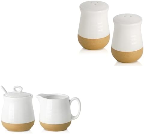 Hasense Ceramic Sugar & Creamer Set + Salt & Pepper Shakers, White