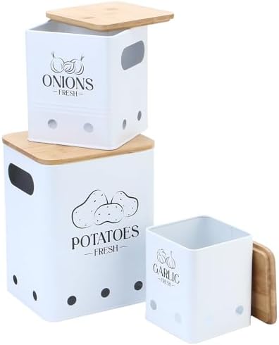 Kitchen Vegetable Storage Tins Set Of 3, Potato Onion Garlic Canisters