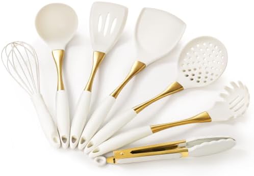7 Pcs Silicone Spatula Cooking Utensils Set, White Gold