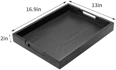 Large Black Solid Wood Decorative Ottoman Tray, 17 x 13 x 2 Inches