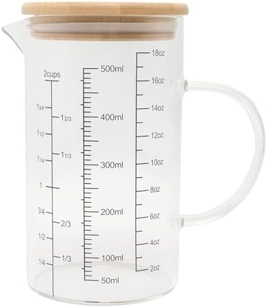 500ML Glass Measuring Cup with Bamboo Lid/OZ/Cup/ML Scales&V-Spout