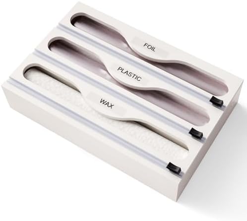 Wrap Dispenser with Cutter and Labels, Plastic Wrap Organizer For Kitchen,Bamboo 3-in-1 Wrap Dispensers for Cling Wrap Aluminum Foil and Wax,Storage Organization Holder（White）