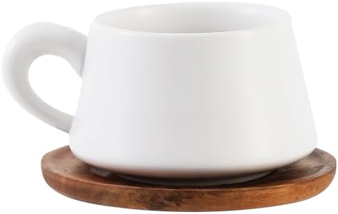 Set of 1 Ceramic Tea White Cup and Wood Saucer - 7 oz Tea Mug - Wide