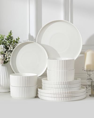MALACASA Porcelain 12 Pieces Plates and Bowls Set, Dinnerware Set for
