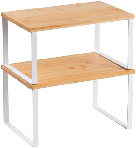 Kitchen Cabinet Organizer Shelf, Set of 2 Stackable Counter Shelves, Small Wood Cabinet Riser Shelf for Pantry Cupboard Spice Dish Mug Cup, Expandable, Metal Engineered Wood (Beige & White, 11.7''W)
