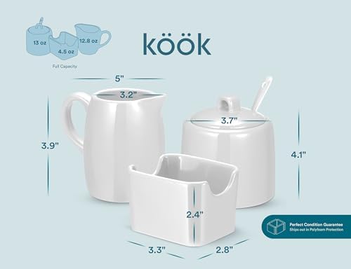 KooK Sugar and Creamer Set, 3 Piece, Pitcher, Sugar Bowl with Lid and