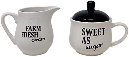 Set Sugar Bowl and Cream Server Holder Ceramic Black & White Farmhouse