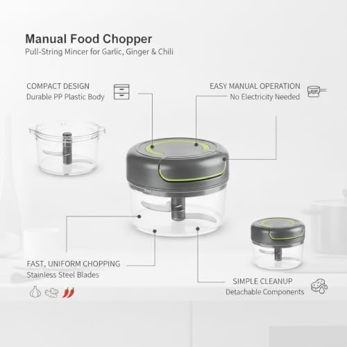 Manual Food Chopper with Pull-String Mechanism for Garlic, Ginger, and