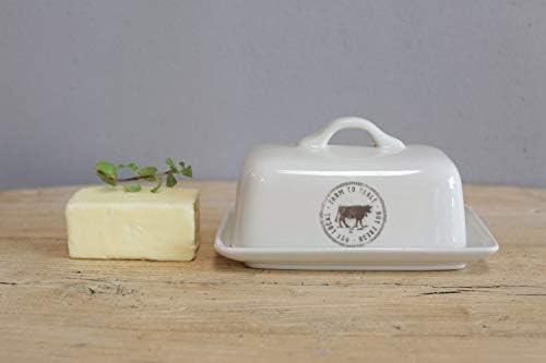 Creative Co-Op Stoneware Butter Dish with Cow Stamp and Farm-to-Table