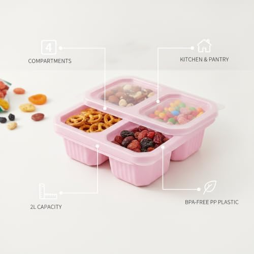 Home Organizers 4-Compartment Snack Box with Lid, Divided Dry Food