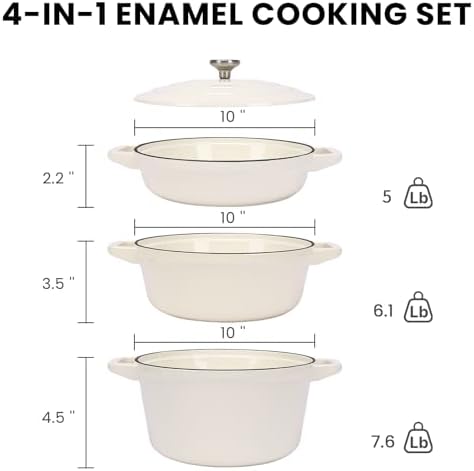 Hisencn Enameled Cast Iron Set,5-Piece 10-Inch Stackable Pots and Pans