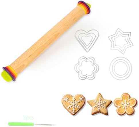 Adjustable Rolling Pin with Thickness Rings, Wooden Dough Roller & 12