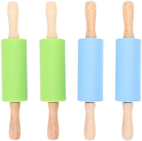 Children's Silicone Rolling Pin Set, 4pcs Wood Baking Tool