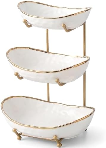 YYW 3 Tier Fruit Bowl for Kitchen Counter, White Ceramic Fruit Basket for Countertop, Home Fruit Stand with Metal Holder, Vegetable Bowl Snacks Nuts Bread Candy Storage (Gold 3-layer)