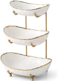 YYW 3 Tier Fruit Bowl for Kitchen Counter, White Ceramic Fruit Basket for Countertop, Home Fruit Stand with Metal Holder, Vegetable Bowl Snacks Nuts Bread Candy Storage (Gold 3-layer)