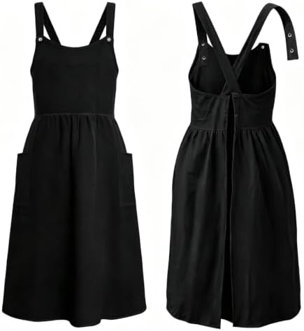 Apron for Women Cotton Linen with Large Pockets Floral No Waist Tie
