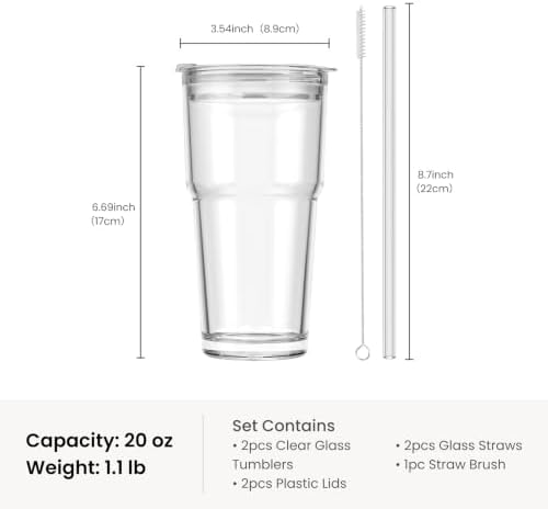 INSETLAN 20 oz Iced Coffee Cups with Lids and Straw, Set of 2 Glass