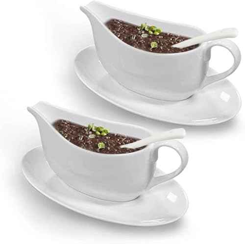 Qlans Gravy Boat With Ladle and Saucer 17 Oz,White Ceramic Sauce Boat