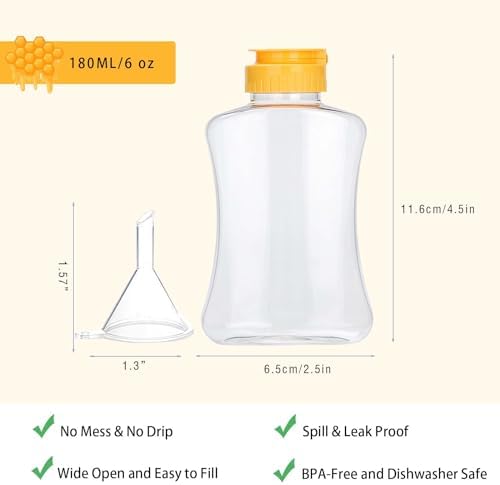 2 Pack Plastic Honey Bottles with Funnel, 180ml Squeeze Honey Jars
