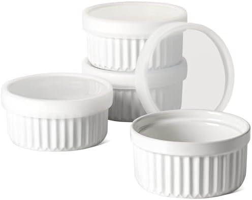 LE TAUCI Ramekins with Silicone Lids, 8 oz Ceramic Souffle Dishes