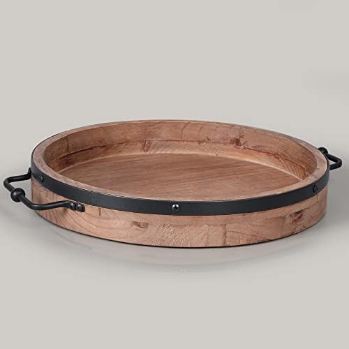 Round Coffee Table Tray|13'' Farmhouse Wood Serving Tray with Metal
