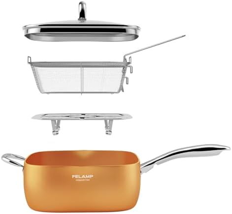 FELAMP 11-Inch Ceramic Nonstick Deep Square Frying Pan Set with Glass