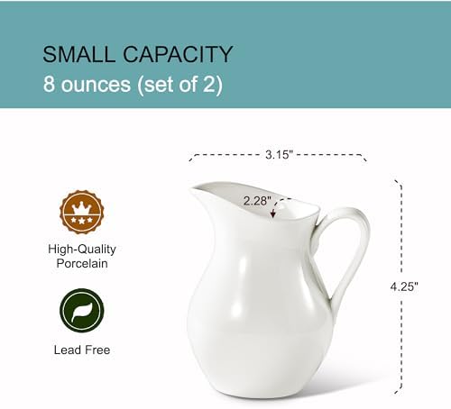 Creamer - 8oz Fine Porcelain Milk & Syrup Pitcher (Set of 2, White)