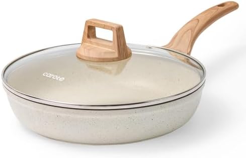 CAROTE Non Stick Frying Pan, 8 Inch Cream White Skillet with Glass Lid
