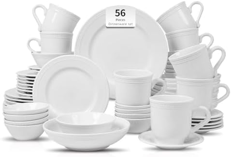 HomeVSS 56-Piece Pearl Dots Stoneware Dinnerware Set, White, Service for 8