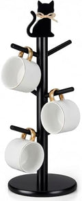 Black Cat Mug Tree with 6 Hooks Gothic Coffee Cup Holder Stand