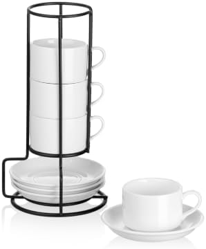 2.5 OZ Porcelain Stackable Espresso Cups and Metal Stand Set of 4