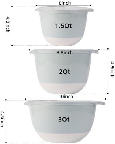 3 Small Plastic Mixing Bowls with Lids,Pour Spout,TPR Base,Mixing Bowl